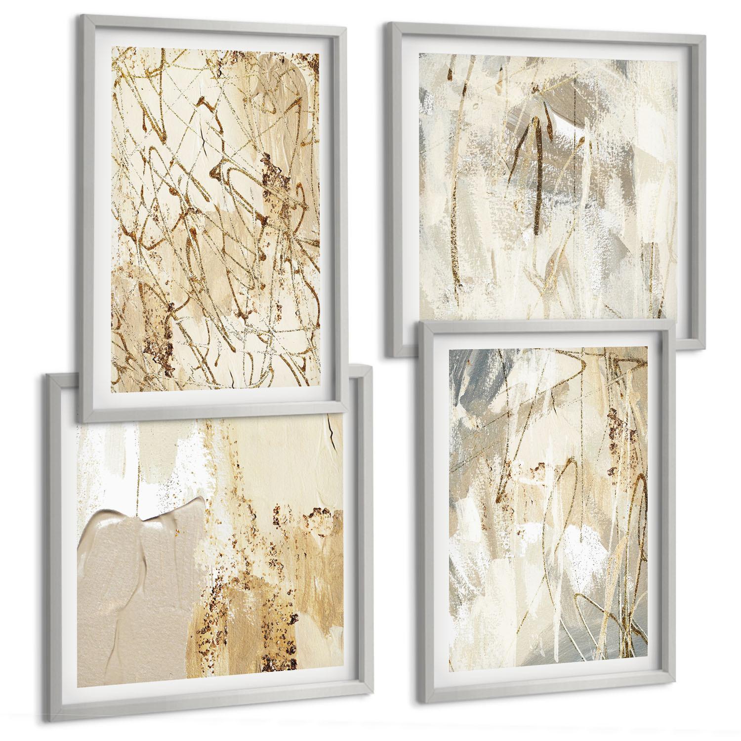 BILDER SET 4er Set - 50x50 cm & 40x60 cm Silberner Rahmen - Beige abstrakte Formen Linien - Silberfarben, Kunststoff (50/50cm) - TULUP