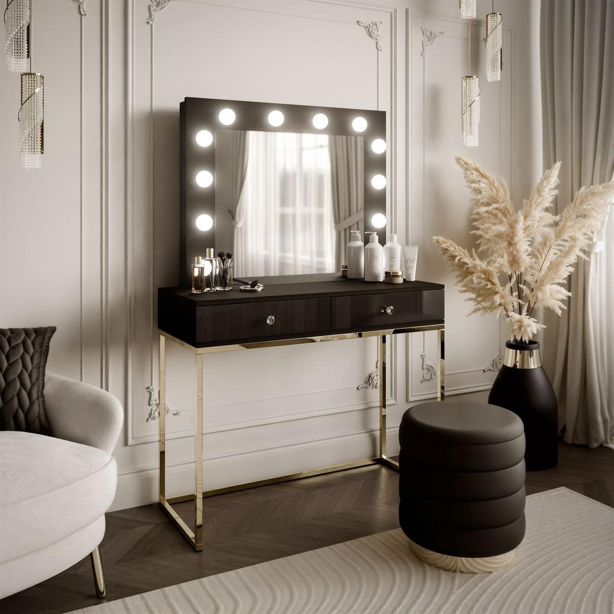 SCHMINKTISCH BLANCO mit Spiegel und Beleuchtung Gold Chrom Schwarz Hochglanz Kristallgriff - Schwarz Hochglanz/Goldfarben, Holzwerkstoff (100/146/42cm) - Lookway