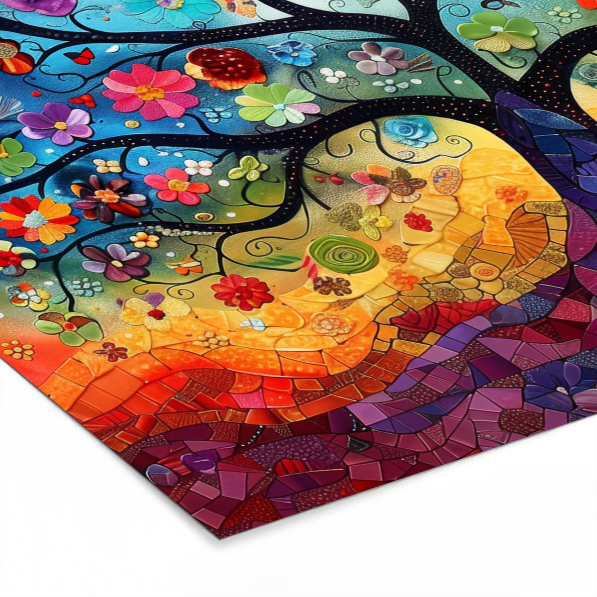 POSTER MIT RAHMENGERAHMTES BILD Kunst - Baum des Lebens - Blumen - Hippie 90x60 cm - Dunkelblau, Papier (90/60cm) - MuchoWow