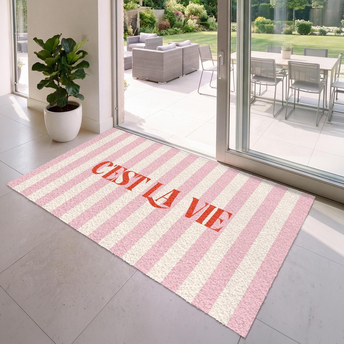 FUSSMATTE Zartrosa – Rot – Streifen – C'est La Vie 180x120 cm - Rosa, Kunststoff (180/0.4cm) - MuchoWow