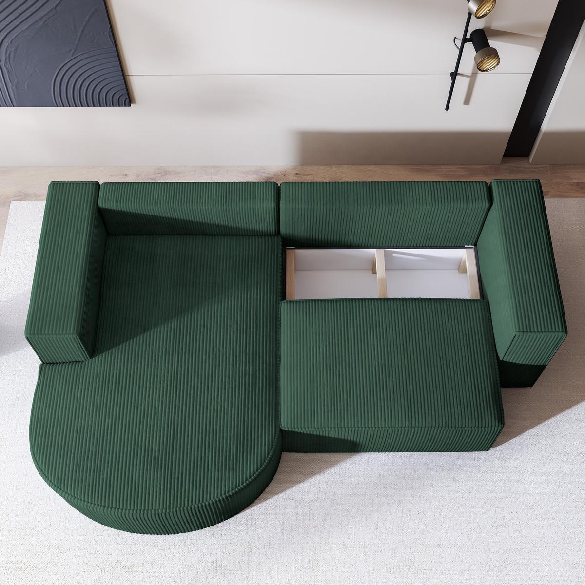 ECKSOFA SORELA P L-S Grün Kordstoff mit Schlaffunktion - Grün, Holz (263/174cm) - MASSENO