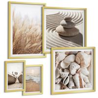 BILDER SET 5er Set - 50x50 cm & 20x30 cm & 40x60 cm Goldrahmen - Wolkenmeer, Traumfänger, Gras - Goldfarben, Kunststoff (40/60cm) - TULUP