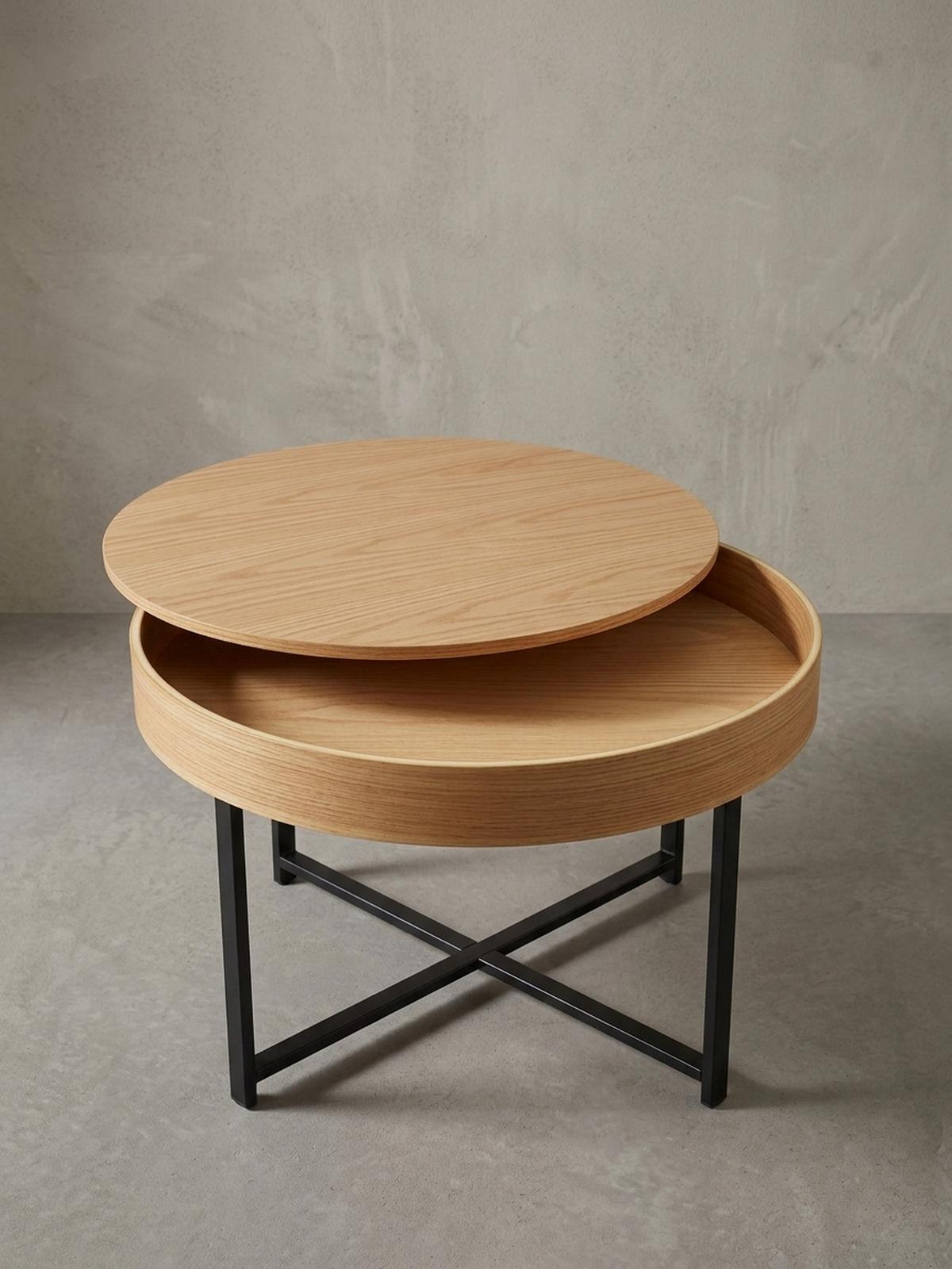 COUCHTISCH in Holzoptik mit Metallbeinen, Rund, Stauraumfunktion, Maße 69x49x69 cm - Schwarz/Braun, Holz/Metall (69/69/49cm) - KADIMA DESIGN