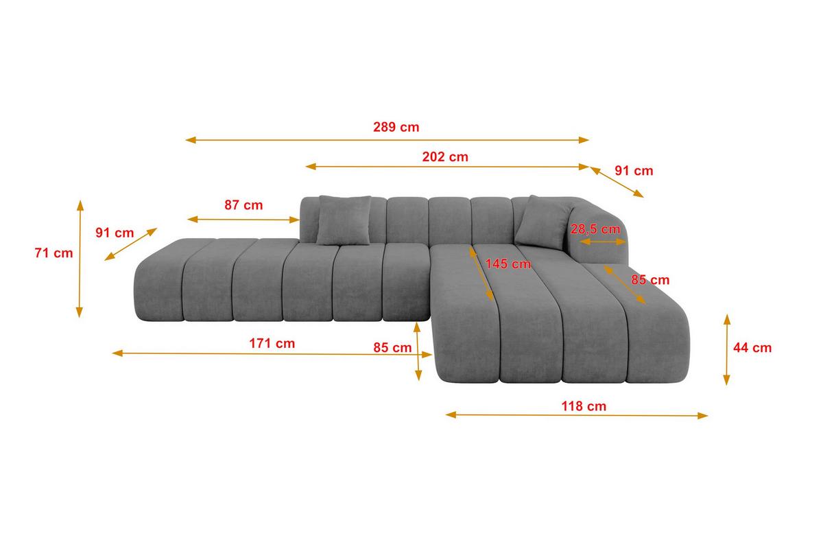 ECKSOFA Ottomane Rechts BILA-L 289x176x71 Grau Samt - Taupe/Schwarz, Holzwerkstoff/Kunststoff (289/176cm) - ALTDECOR