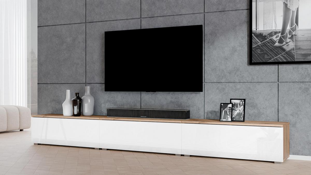 LOWBOARD Loriano 3x100 Wotan, Weiß Hochglanz 300/36,5/32 cm – Hängend und Stehend - Braun/Weiß, Holzwerkstoff/Kunststoff (300/36.5/32cm) - AX Living