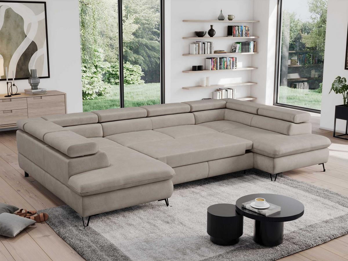 WOHNLANDSCHAFT PEDRO U Samt Beige - Beige/Schwarz, Textil/Metall (346/76/208cm) - MKS