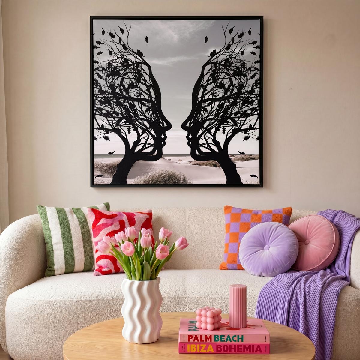 LEINWAND Bilder mit Rahmen - Strand - Meer - Menschen - Baum - Moderne Kunst - 90x90 - Hellgrau, Textil (90/90cm) - MuchoWow