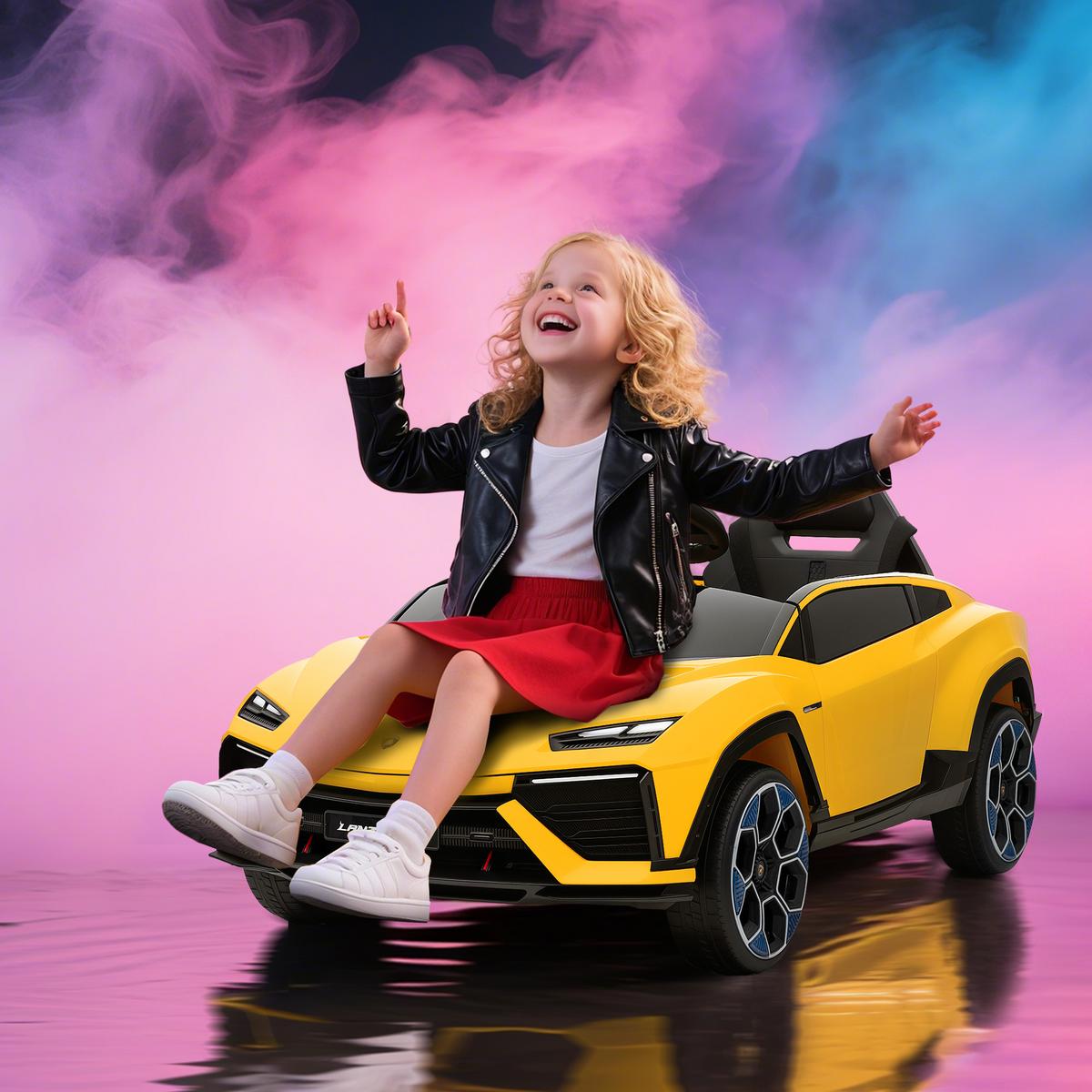 KINDER-ELEKTROAUTO 12V Kinderauto mit 2,4 GHz Fernbedienung, 2 Motor LED, Musik - Gelb, Kunststoff (101.5/49/43cm) - AIYAPLAY