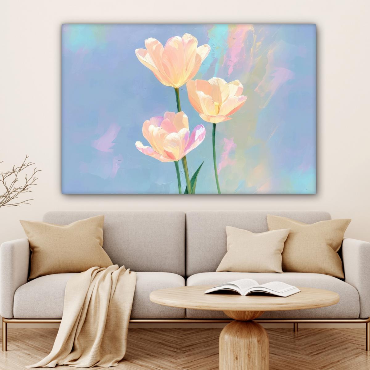 LEINWANDBILD Tulpen - Rosa Akzente - Blau Groß 140x90 cm - Pastellblau, Textil (140/90cm) - MuchoWow
