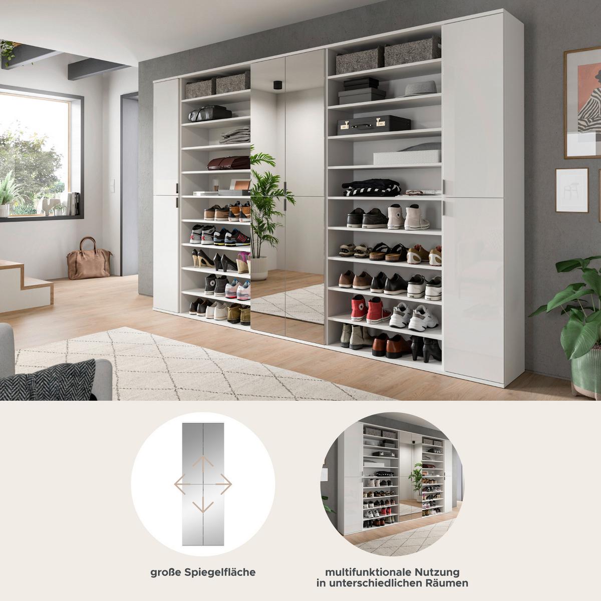 GARDEROBENSCHRANK mit Spiegltüren, weiß Hochglanz 281 cm, Schuhschrank XXL - Chromfarben/Weiß Hochglanz, Glas/Holzwerkstoff (281/193/34cm) - Inn.Furn