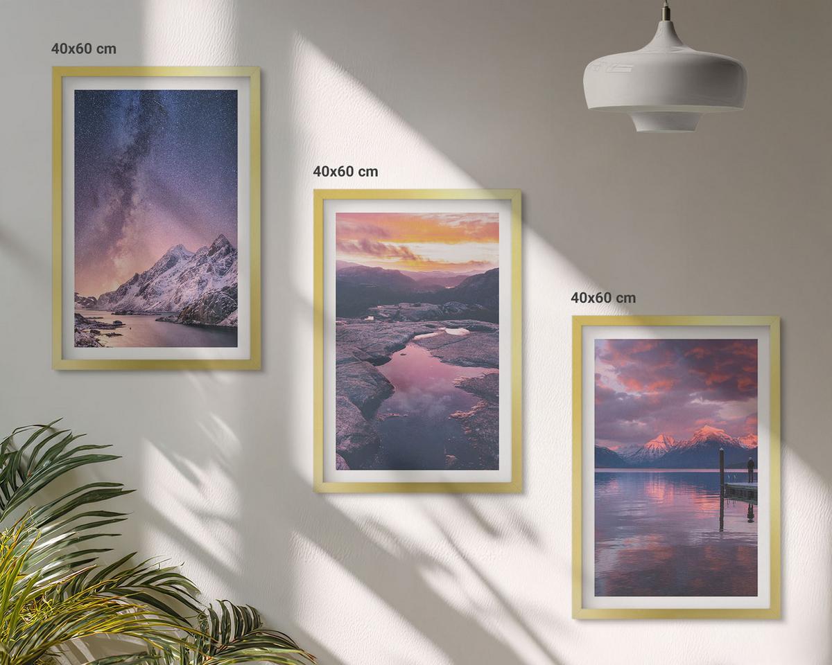 BILDER SET 3er Set - 40x60 cm Goldrahmen - Berge, Wasser, wunderschöne Landschaften - Goldfarben, Kunststoff (40/60cm) - TULUP