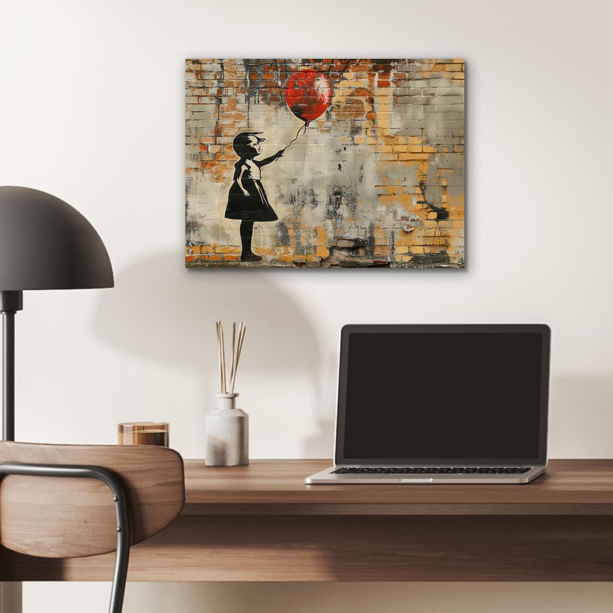 METALLBILD Graffiti - Banksy - Mädchen - Straßenkunst 40x30 cm - Sandfarben, Metall (40/30cm) - MuchoWow