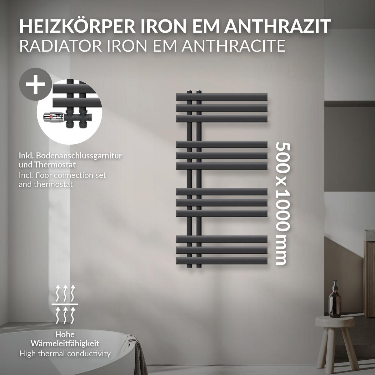 BADHEIZKÖRPER Iron EM 500x1000 mm Anthrazit mit Ventil Durchgang - Anthrazit, Metall (50/100/3cm) - LuxeBath