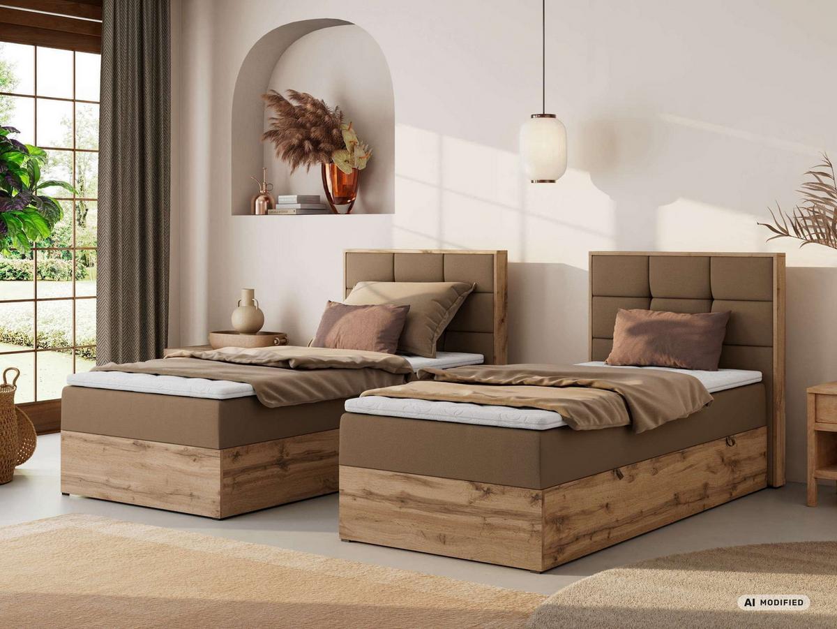 BOXBETT ALBERO 1 90/200 - Braun Kunstleder - Topper T25 - H3 - Rechts - Schwarz/Braun, Kunststoff/Textil (90/200cm) - MKS