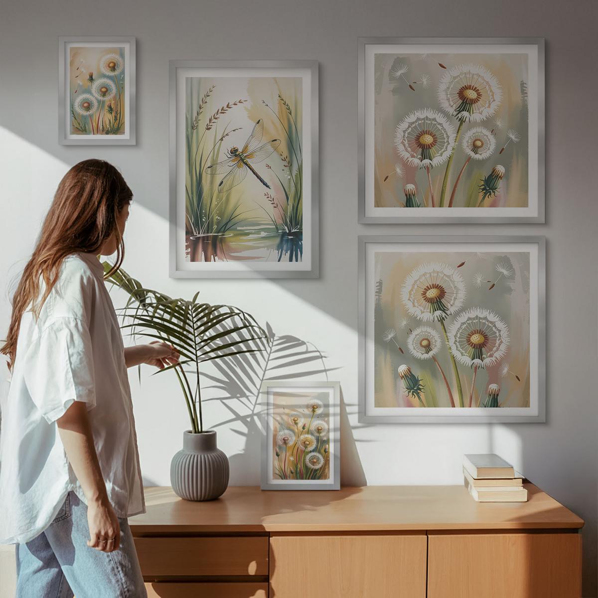 BILDER SET 5er Set - 50x50 cm & 20x30 cm & 40x60 cm Silberner Rahmen - Pastellfarbene Löwenzahnblüten - Silberfarben, Kunststoff (40/60cm) - TULUP