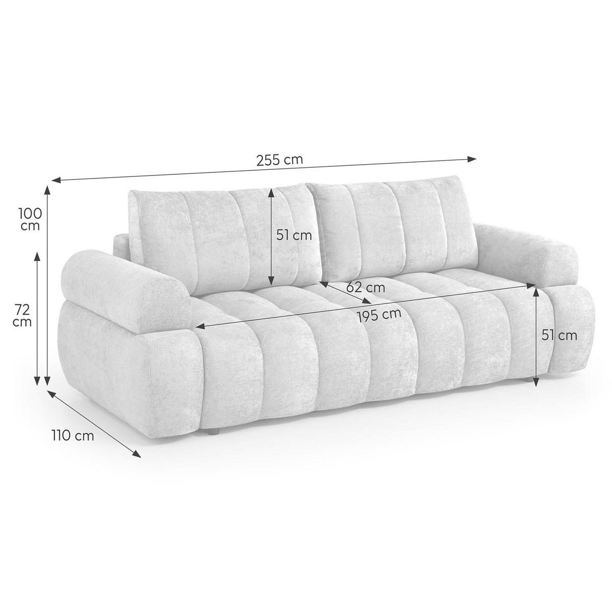 SCHLAFSOFA Mavi 3-Sitzer mit Schlaffunktion, Bettsofa Schlafcouch 195x145 cm, Hellgrau - Hellgrau, Textil (255/100/110cm) - Beautysofa