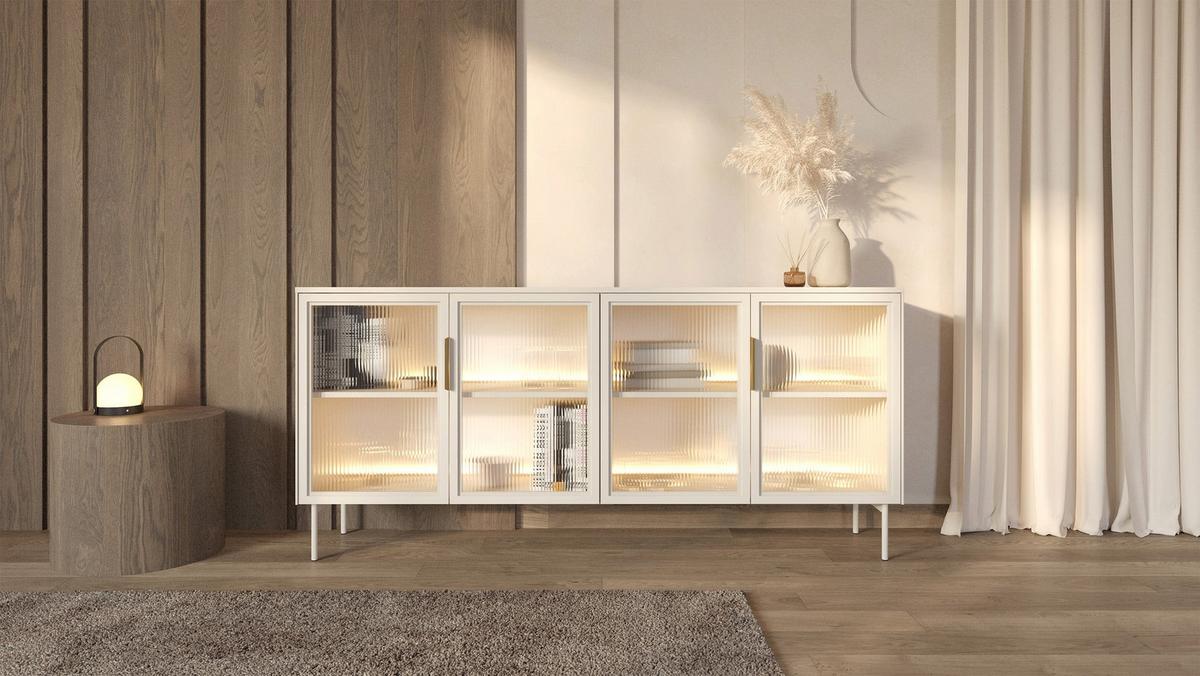 SIDEBOARD Lumi 4-türig mit Glasfronten Kaschmirgrau 181 cm - Taupe/Goldfarben, Holzwerkstoff/Metall (181.3/82.6/39.3cm) - Selsey