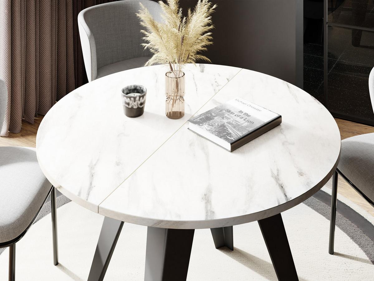 ESSTISCH Glory runder ausziehbarer, Marmor Weiß 100-140/100/76 cm - Ecru/Schwarz, Holzwerkstoff/Metall (100/140/76cm) - WFL GROUP