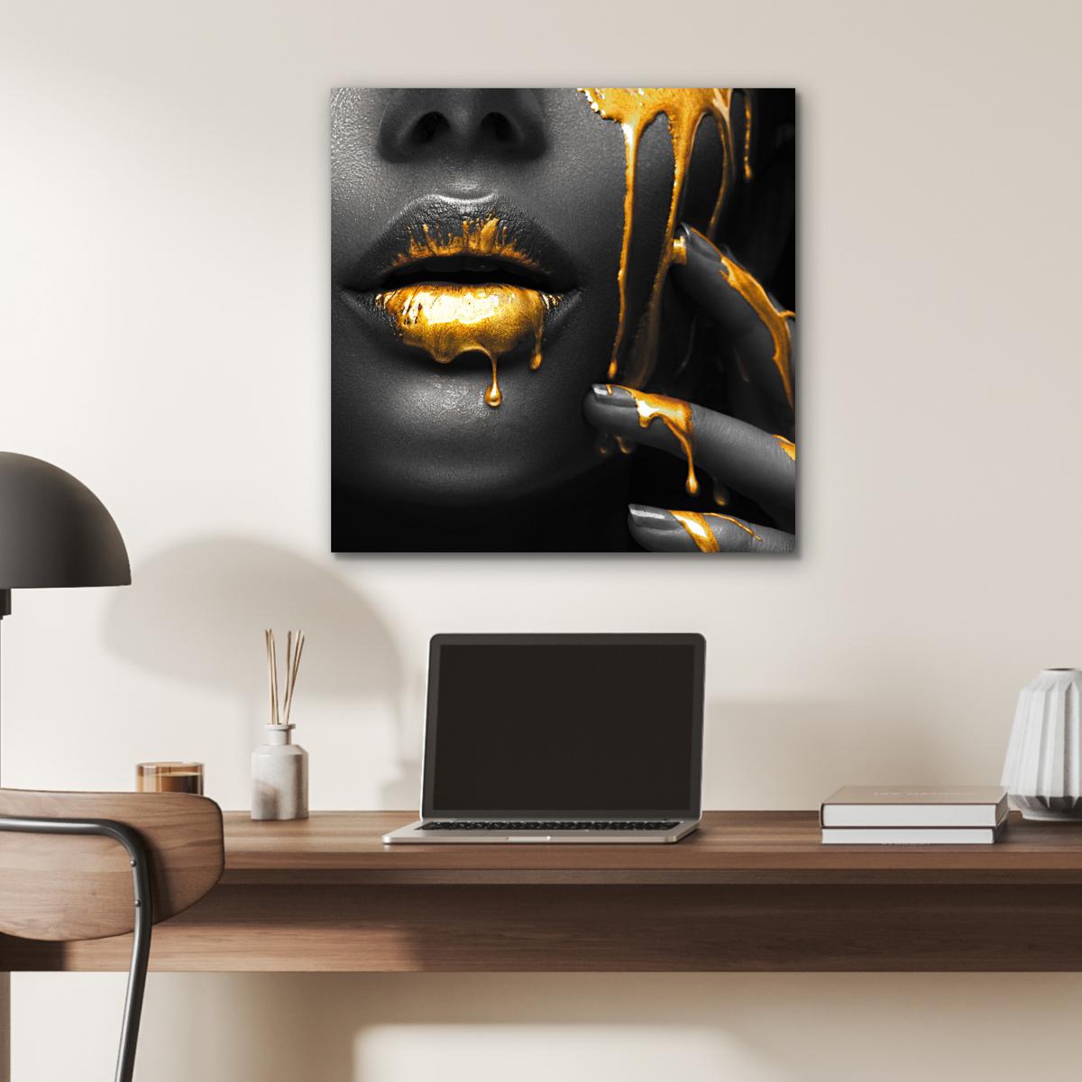 METALLBILD Frau - Schwarz - Gold - Gesicht - Lippen 50x50 cm - Goldfarben, Metall (50/50cm) - MuchoWow