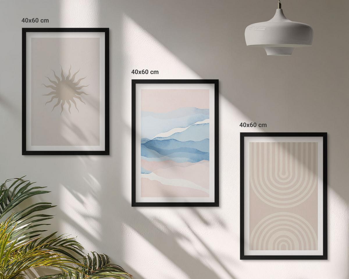 BILDER SET 3er Set - 40x60 cm Schwarzer Rahmen - Sonnenwellen abstrakte Linien Pastell - Schwarz, Kunststoff (40/60cm) - TULUP