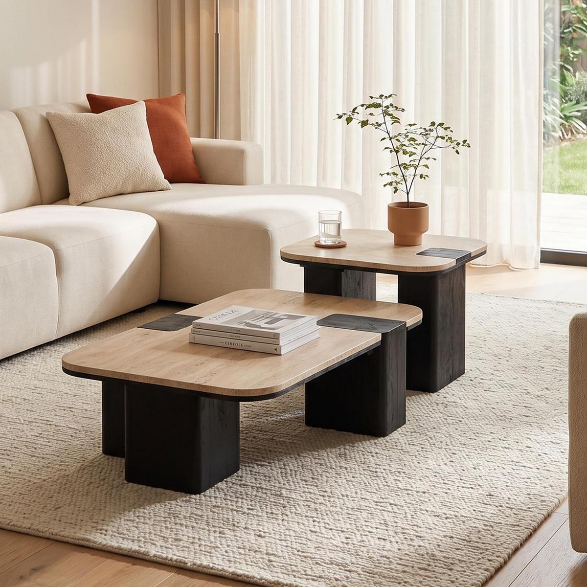 COUCHTISCHSET SURAT/DELHI 2er Set beige/schwarz - Beige/Schwarz, Holz/Naturmaterialen (60/100/27cm) - IDIMEX