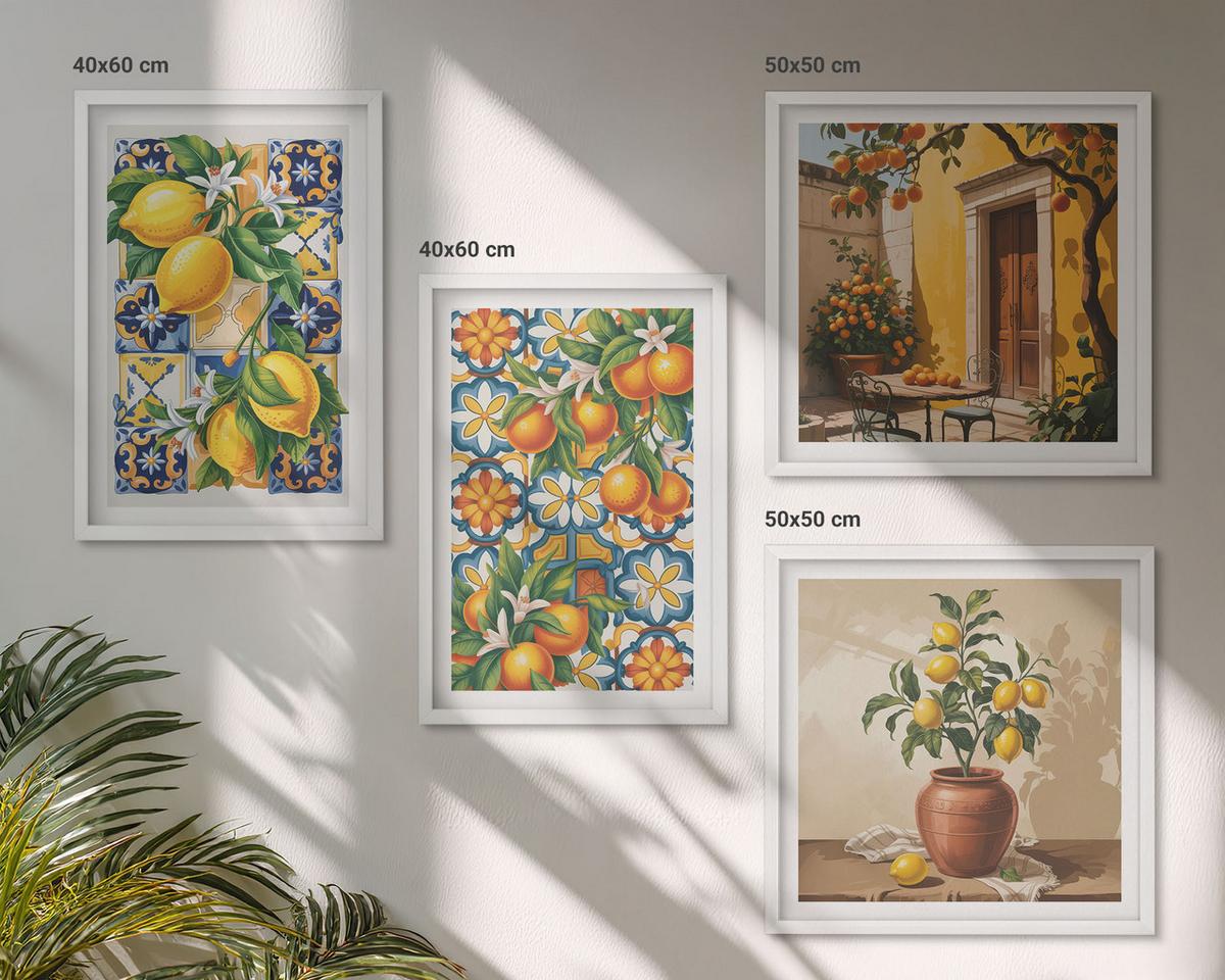 BILDER SET 4er Set - 50x50 cm & 40x60 cm Weißer Rahmen - Zitronenorange Blütenmuster - Weiß, Kunststoff (50/50cm) - TULUP
