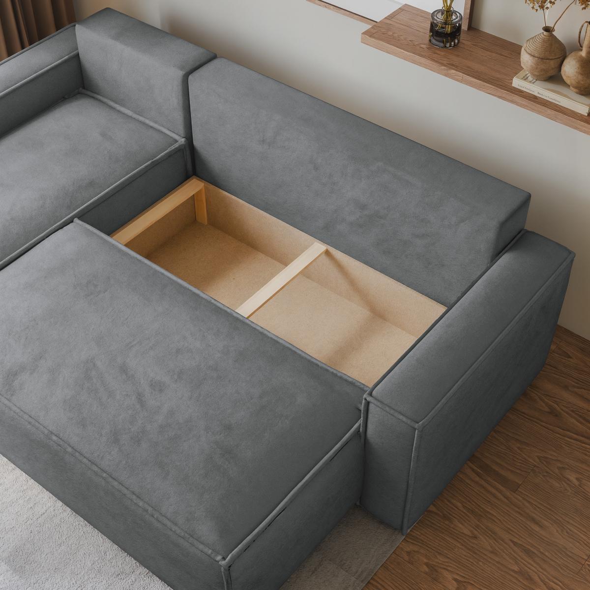 ECKSOFA RAVELO M Grau Velours-Stoff mit Schlaffunktion - Grau, Holz/Kunststoff (240/140cm) - MASSENO