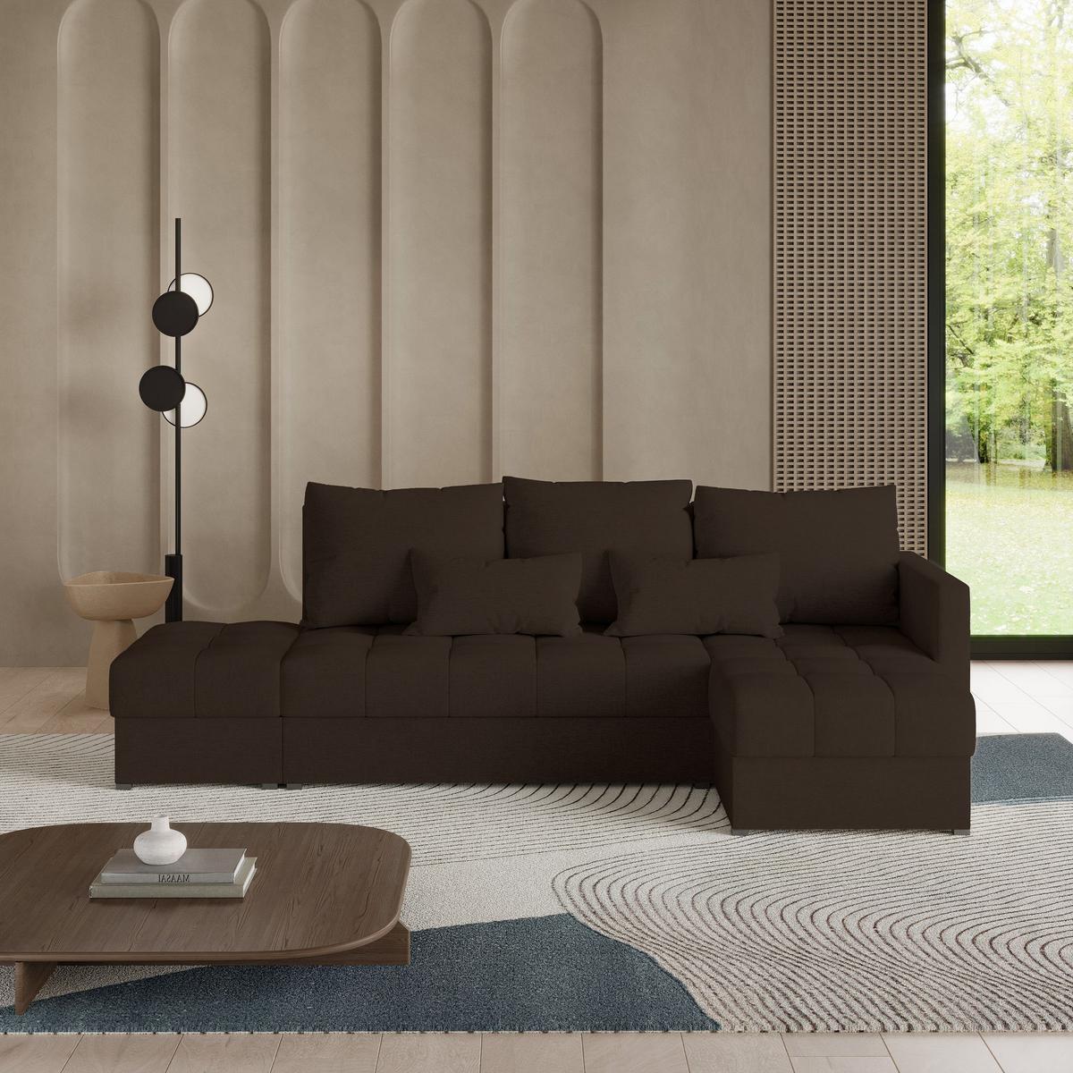 ECKSOFA LUMARI R-S Braun Plüsch-Stoff mit Schlaffunktion - Braun, Holz (262/143cm) - MASSENO
