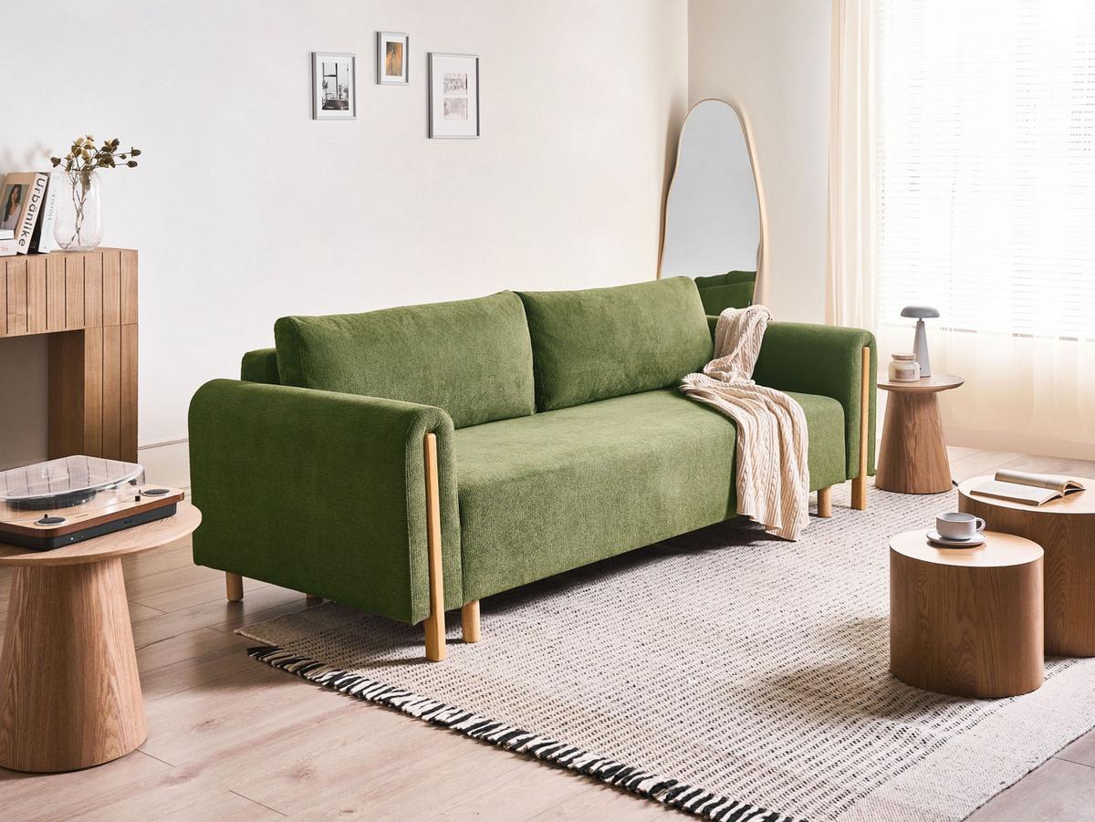 SCHLAFSOFA 3-Sitzer Stoff Grün mit Stauraum Kvam - Hellbraun, Textil (242/85/99cm) - Beliani