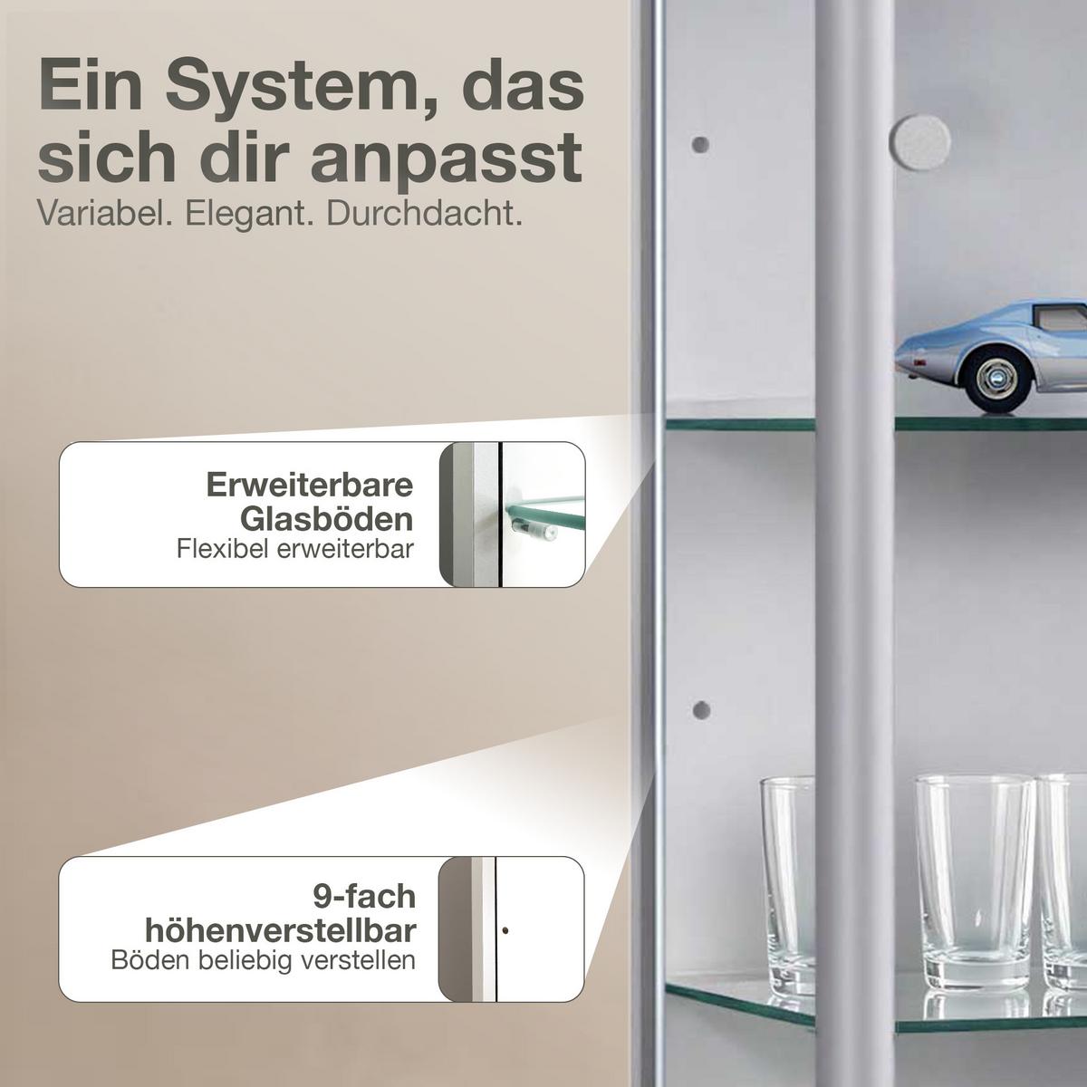 GLASVITRINE 33/37/176 cm mit LED & 4 höhenverstellbaren Glasböden - Transparent/Silberfarben, Glas/Holzwerkstoff (37/176/33cm) - K-Möbel