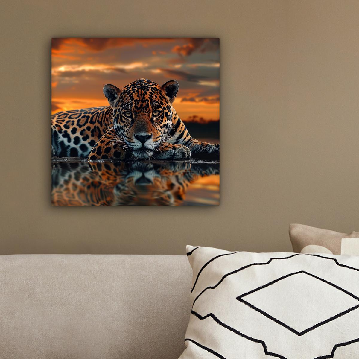 LEINWANDBILD Natur - Leopard - Tier - Sonnenuntergang - Modern Deko Wohnzimmer 20x20 cm - Orange, Textil (20/20cm) - MuchoWow