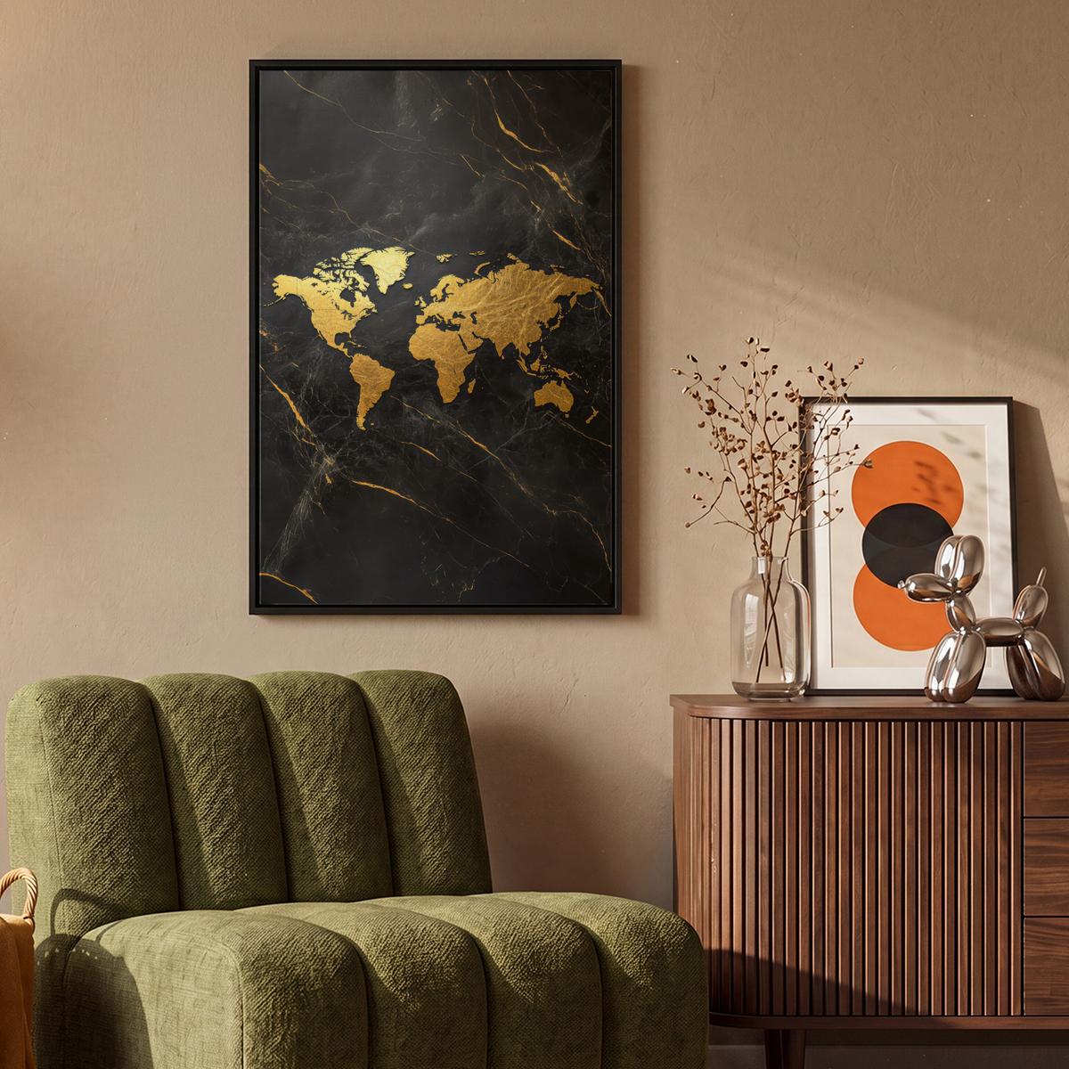 LEINWAND Bilder mit Rahmen - Weltkarte - Gold - Marmor - 60x90 - Goldfarben, Textil (60/90cm) - MuchoWow