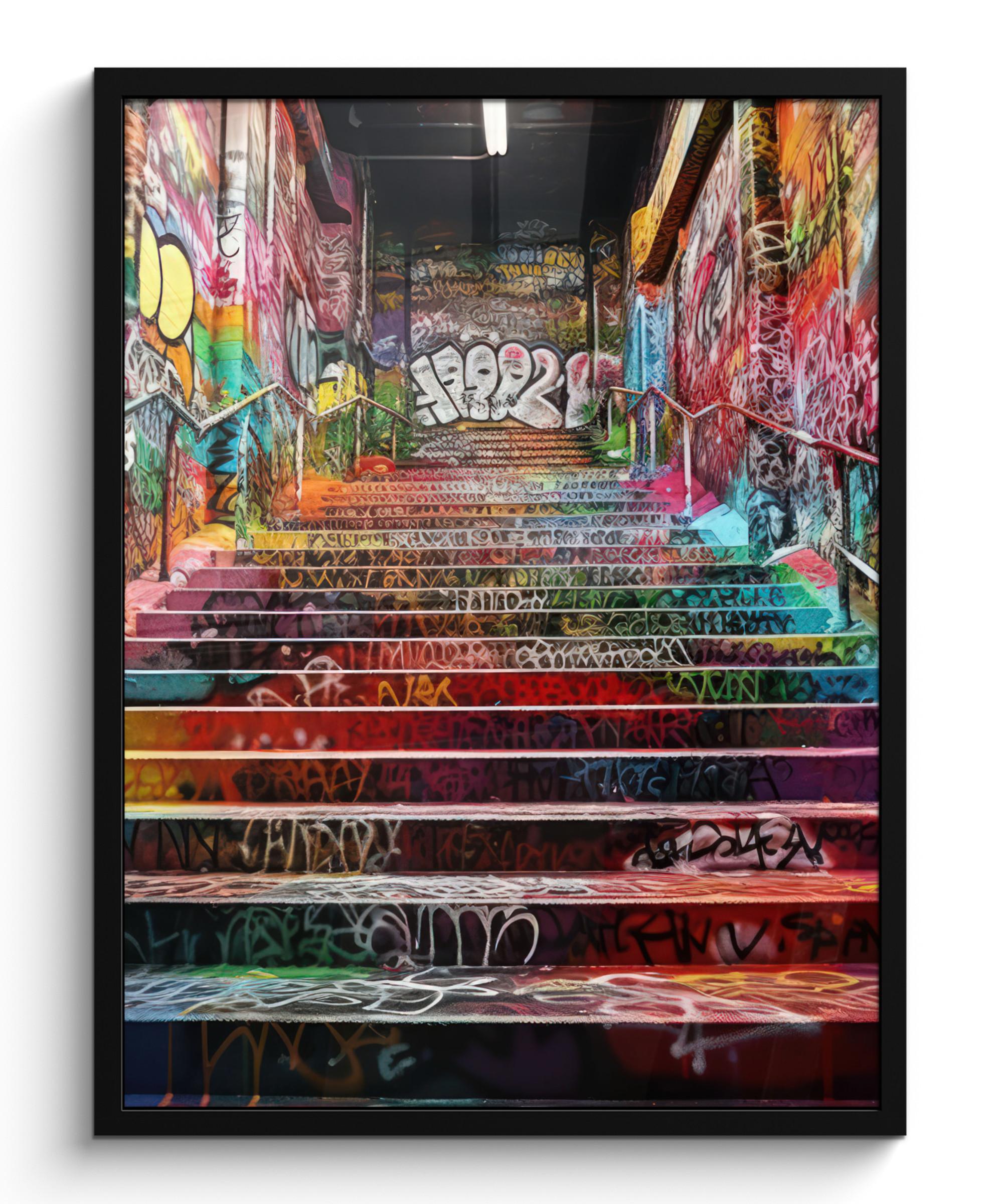 POSTER MIT RAHMEN Treppe - Graffiti - Farben - Kunst Posterleiste 60x80 cm - Multicolor, Papier (60/80cm) - MuchoWow