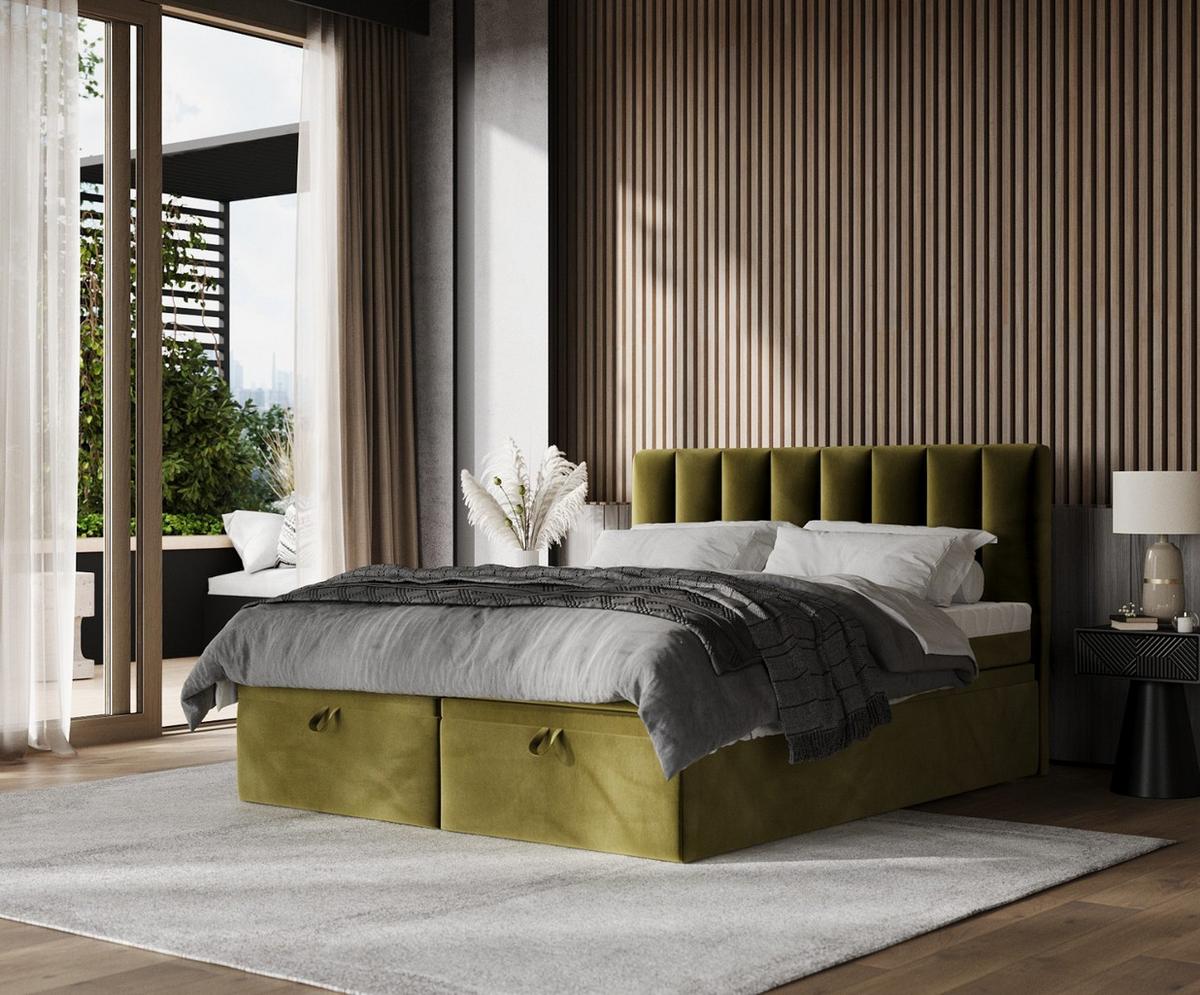 BOXBETT Lume 160/200 cm Olivgrün im Kronos Stoff - Schwarz/Olivgrün, Holz/Holzwerkstoff (160/200cm) - AltaBeds