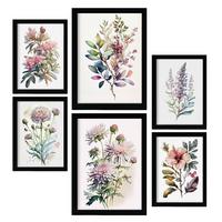 POSTER Set Mit 6 Landblumen Vollfarbige Natur Und Botanikdrucke Mit Blumenmotiven Auf Reinweißen Hintergründen A3 & A4 Schwarzer Rahmen - Schwarz, Papier (29/3cm) - Nacnic