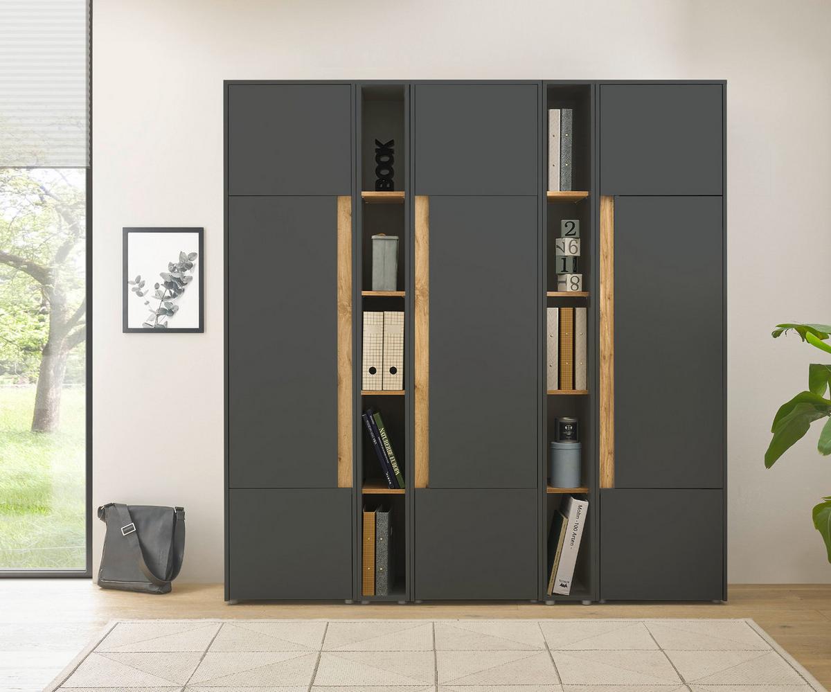 AKTENSCHRANK Set 5-teilig grau matt, Eiche Wotan 190 x 200 cm, Schrank-Regal-Kombination mit 25 Fächern - Eiche Wotan/Schwarz, Holzwerkstoff/Kunststoff (190/200/40cm) - Furn.Design