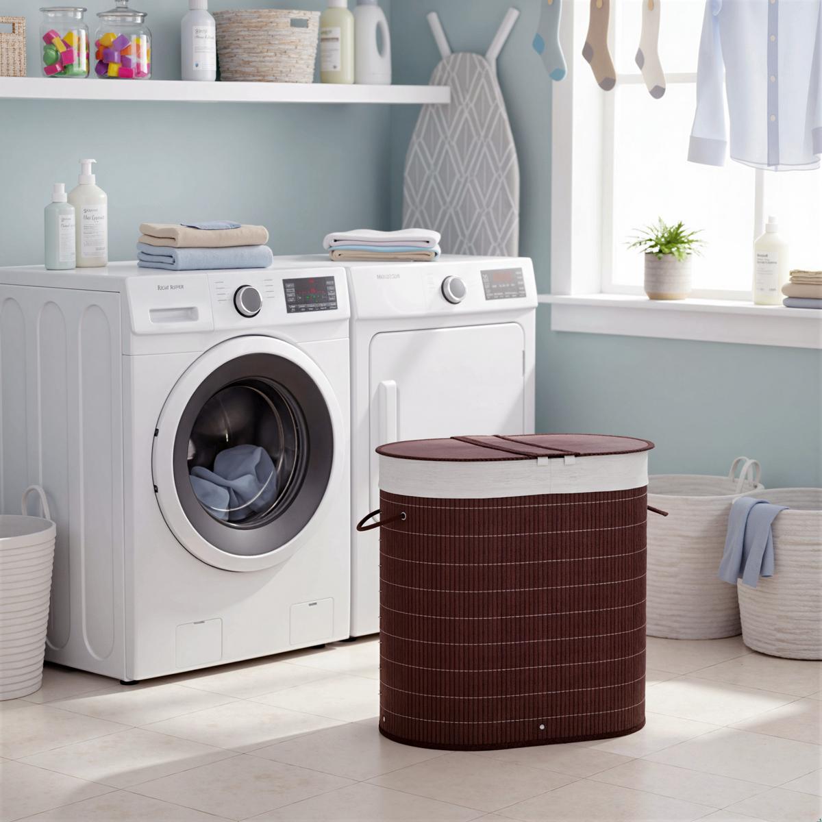 WÄSCHEKORB Wäschebox 100L Wäschesammler mit Deckel, 2 Wäschesäcken, Bambus - Braun, Naturmaterialien (37/60.5/62.5cm) - HOMCOM