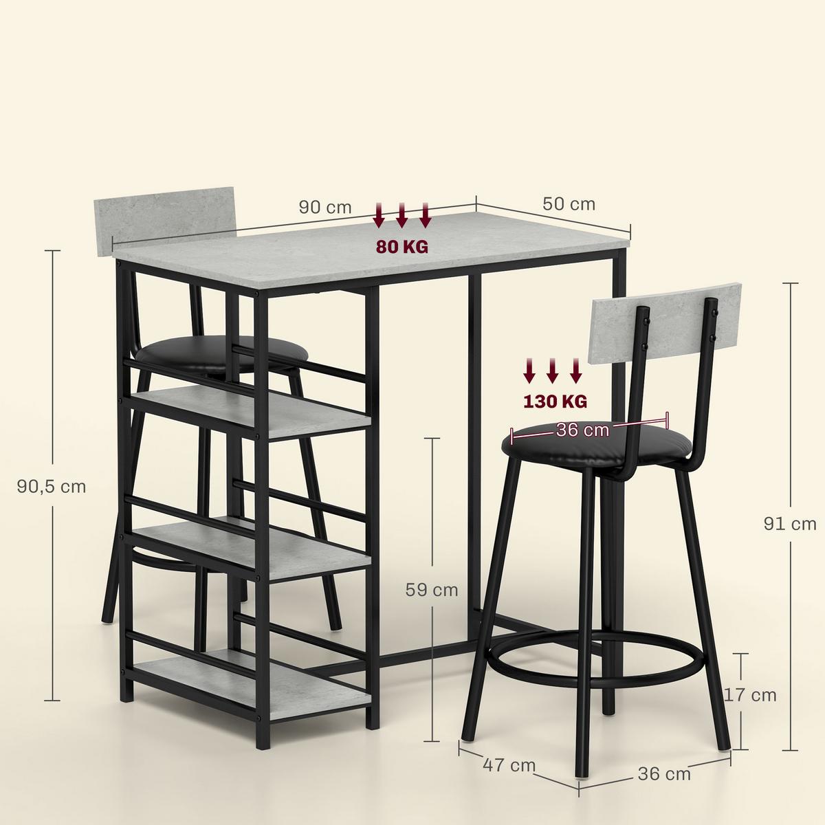 BARTISCH-SET 3er Set Stahl MDF Eiche - Hellgrau, Metall (50/90.5/90cm) - HOMCOM