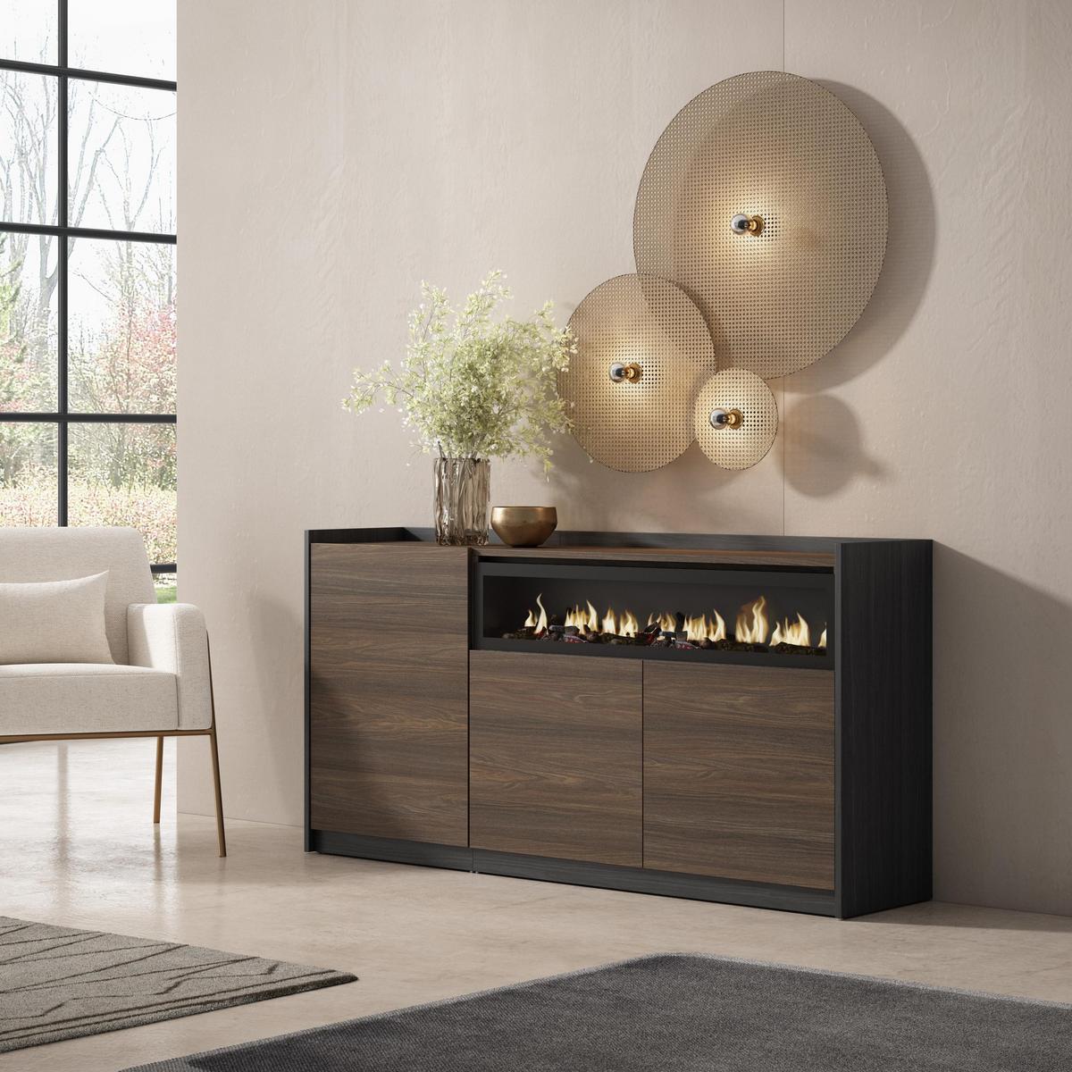 SIDEBOARD, Highboard, Dunkler Eiche und Schwarz, Elektrokamin, 156/37/80cm - Hellbraun, Holzwerkstoff (156/80/37cm) - Skraut Home