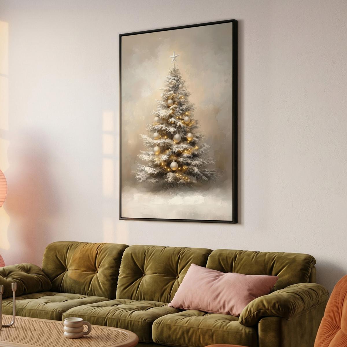 LEINWAND Bilder mit Rahmen - Weihnachten - Weihnachtsbaum - Schnee - Kunst - 100x150 - Champagner, Textil (100/150cm) - MuchoWow