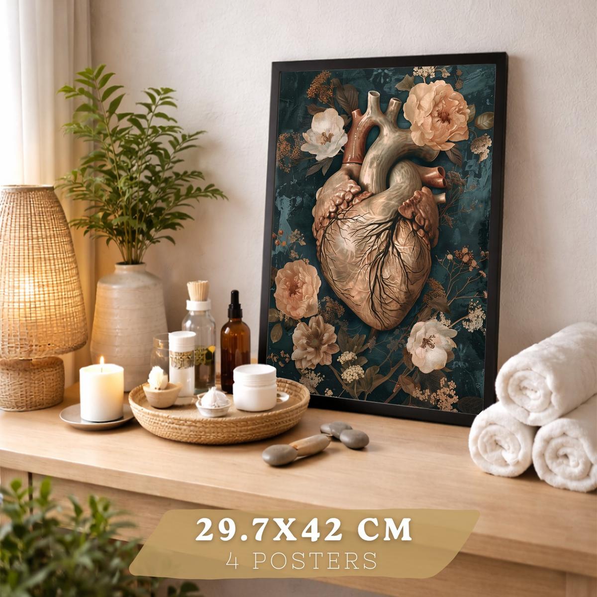 POSTER Set aus 4 Anatomie Drucke und mit Schädel Herz Gehirn Wirbelsäule Skelett Becken Klassisches Florales Design Größe Schwarzer Rahmen A3 - Schwarz, Papier (29.7/42/3cm) - Nacnic