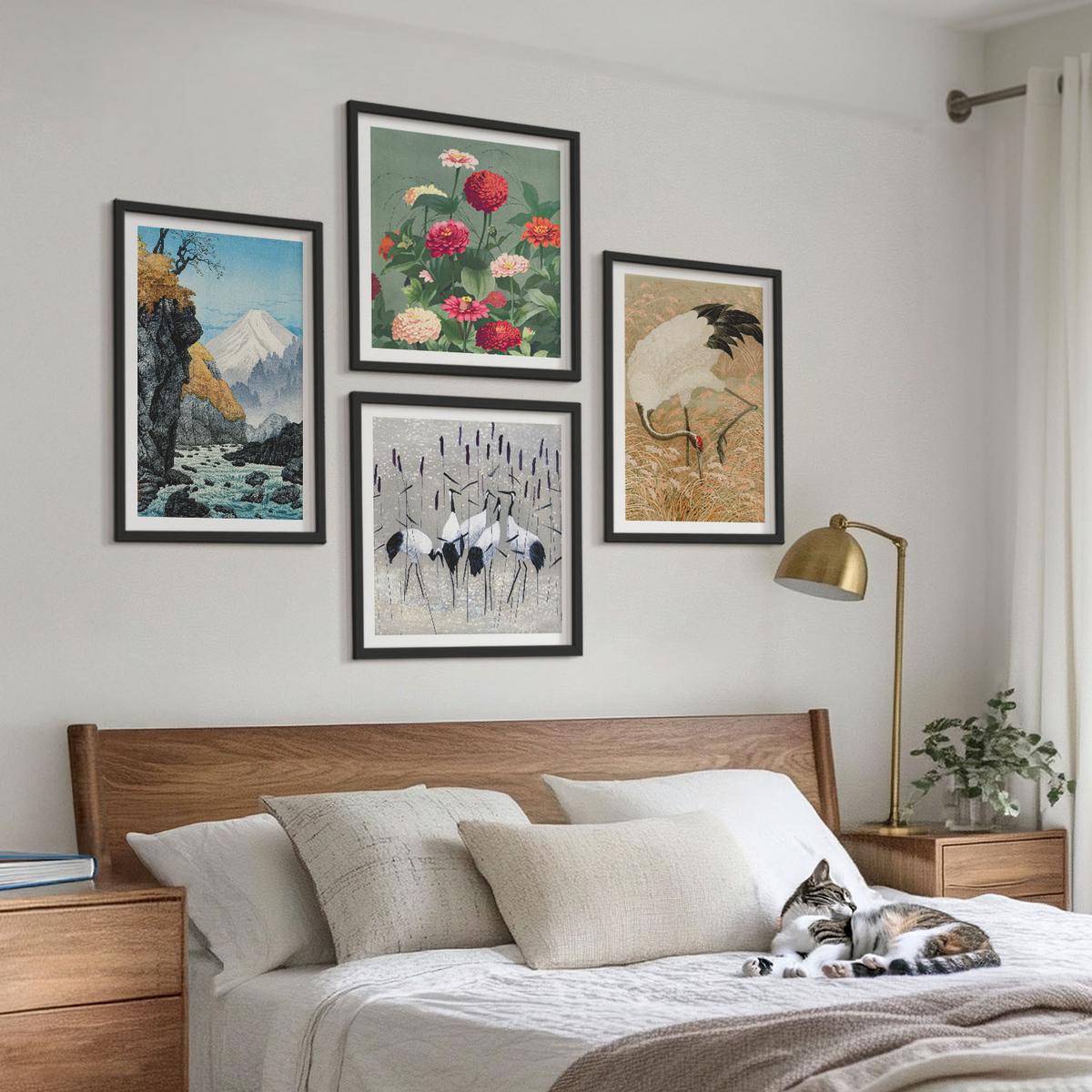 BILDER SET 4er Set - 50x50 cm & 40x60 cm Schwarzer Rahmen - Berge, Fluss, Blumen, Kraniche - Schwarz, Kunststoff (50/50cm) - TULUP