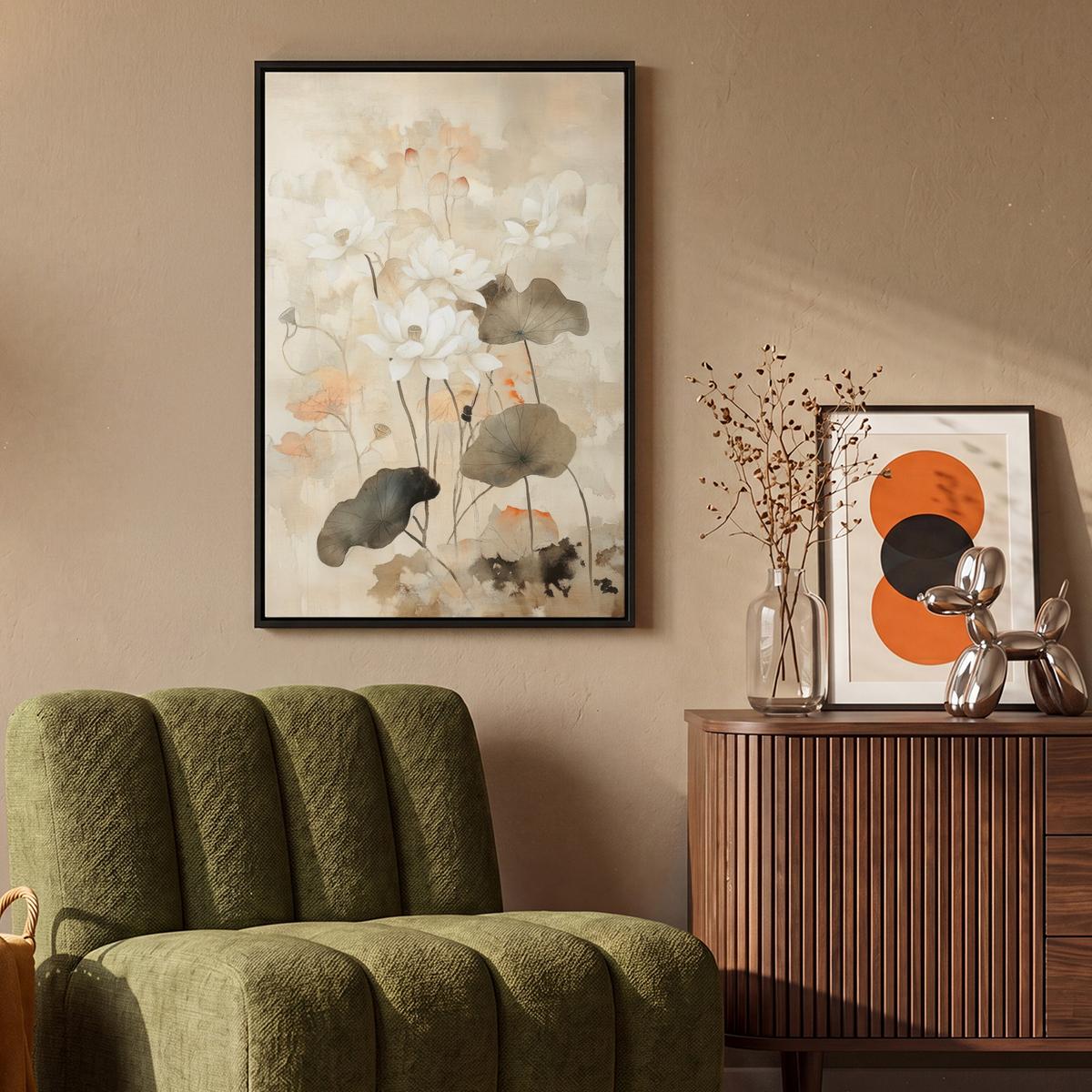 LEINWAND Bilder mit Rahmen - Blumen - Japandi - Wabi sabi - 60x90 - Sandfarben, Textil (60/90cm) - MuchoWow