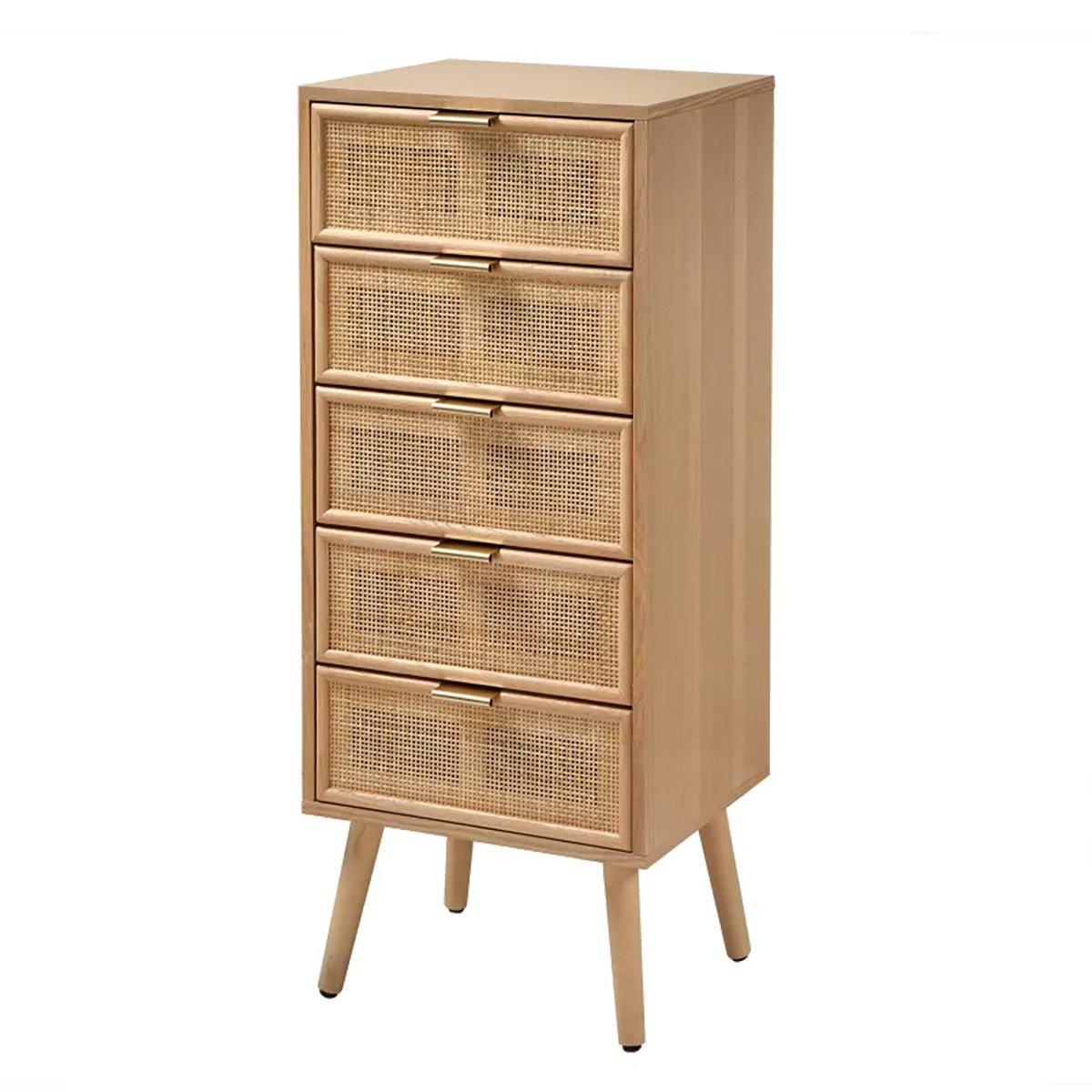 KOMMODE mit 5 Schubladen und Fronten aus natürlichem Rattan - H100,5 cm - Apfelbaumfarben, Holzwerkstoff (42/100.5/36.5cm) - Calicosy