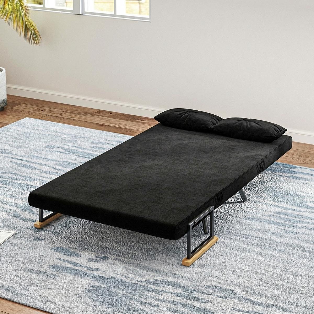 SCHLAFSOFA, Zweisitzer mit Bettfunktion, Schlafcouch mit Samtoptik, Rückenkissen - Schwarz/Naturfarben, Holz/Textil (73/81/102cm) - HOMCOM