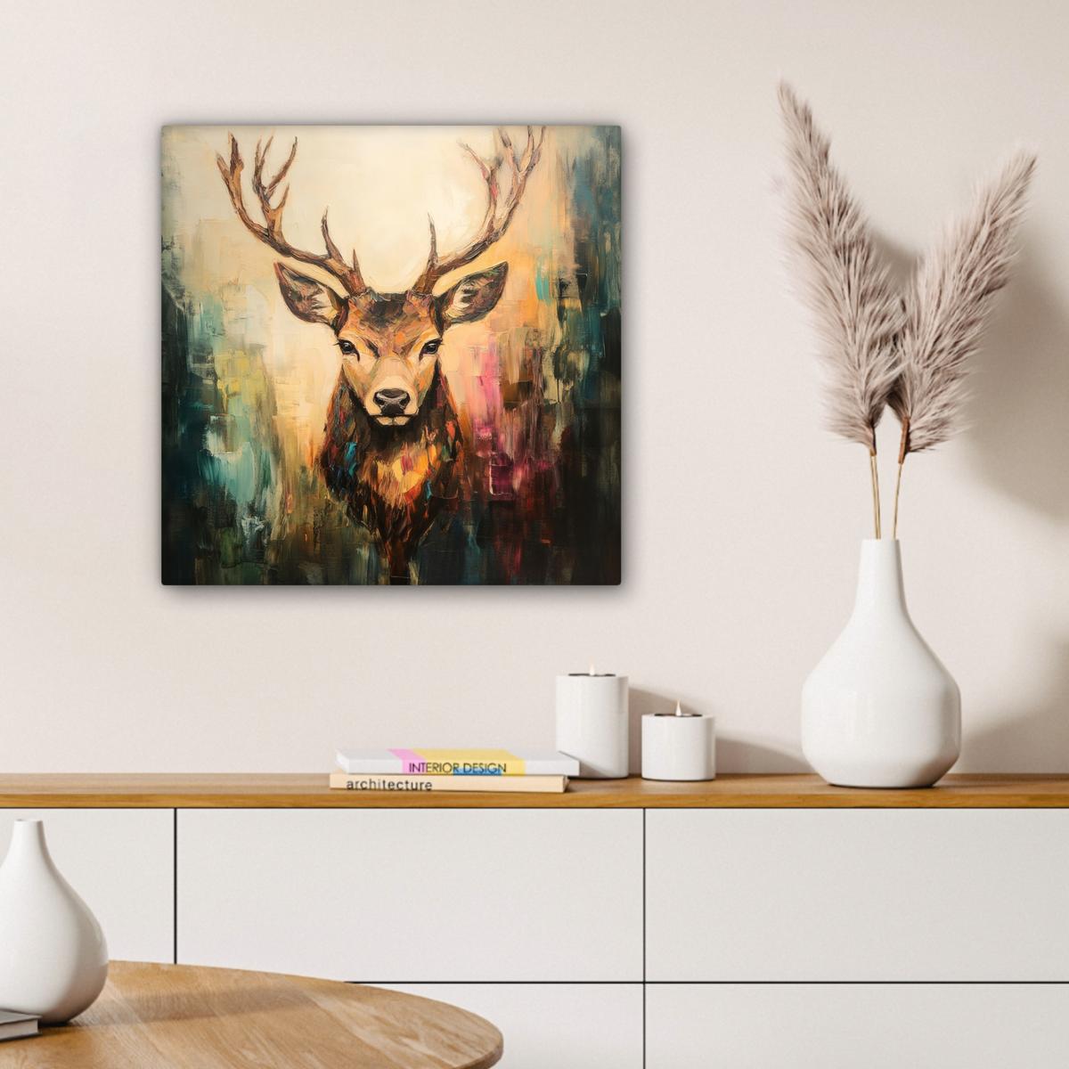 LEINWANDBILD Hirsch - Gemalt - Geweih - Braun Wandbild Wohnzimmer 50x50 cm - Haselnussfarben, Textil (50/50cm) - MuchoWow
