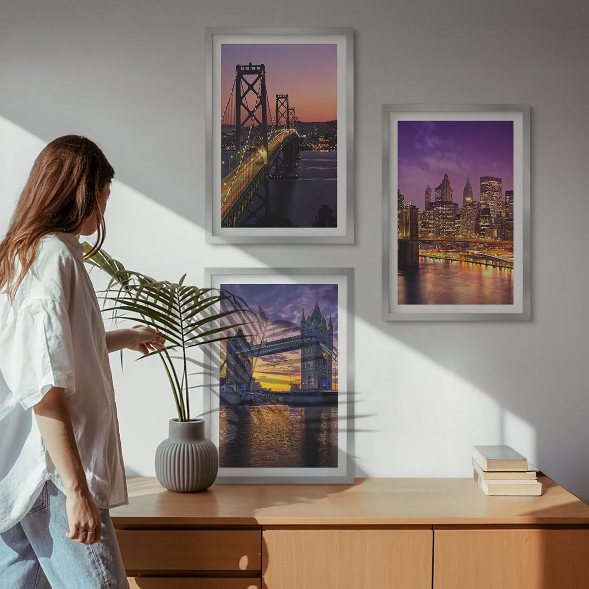 BILDER SET 3er Set - 40x60 cm Silberner Rahmen - Brücken, Sonne, Stadtblick - Silberfarben, Kunststoff (40/60cm) - TULUP