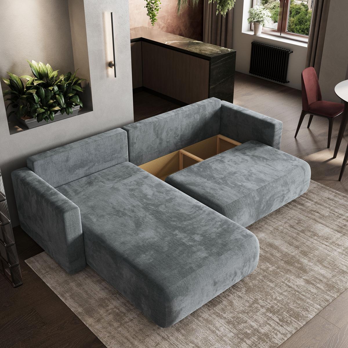 ECKSOFA TURIN M Grau Velours-Stoff mit Schlaffunktion - Grau, Holz/Kunststoff (265/183cm) - MASSENO