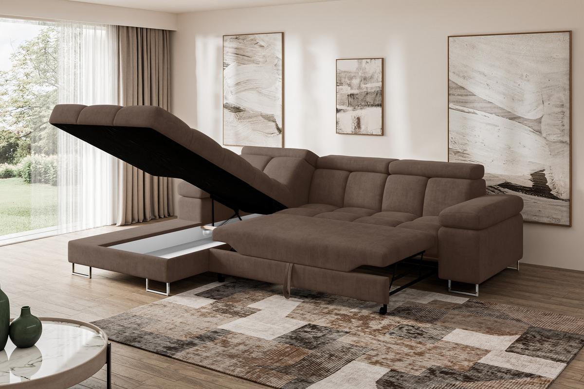 ECKSOFA mit Schlaffunktion Ottomane Links 271x203x79 Braun Velours - Braun, Holzwerkstoff/Textil (271/203cm) - ALTDECOR