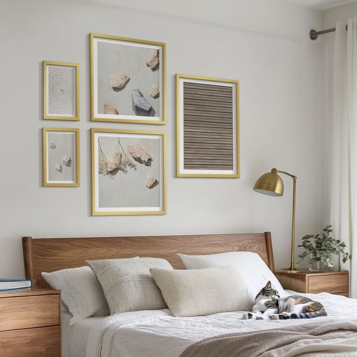 BILDER SET 5er Set - 50x50 cm & 20x30 cm & 40x60 cm Goldrahmen - Natürliche Texturen Holz Steine - Goldfarben, Kunststoff (40/60cm) - TULUP